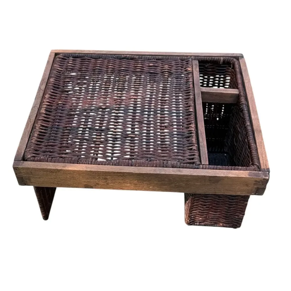Vintage Rattan and Wood Utensil & Plate Caddy